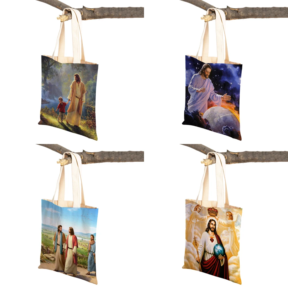 Vintage Jesus Print Lady Student Tote Handbag Cartoon Christ Savior Reusable Foldable Casual Canvas Shopping Bag