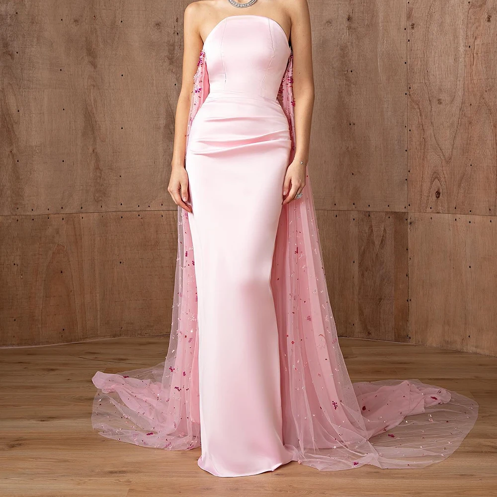 

Customized Modern Satin Straight Crystal Evening Dress Strapless Floor Length Sleeveless Panel Train Vestidos para mujer