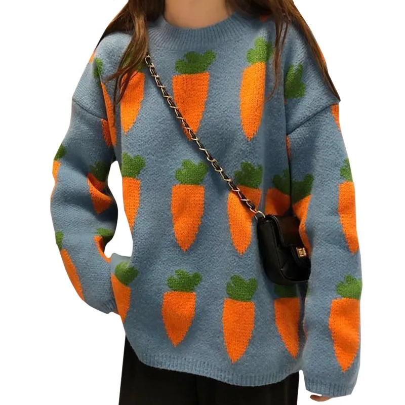 

Casual Style Korean Lady Knitwear One Size Loose Autumn Winter Women Pullover Harajuku Carrot Strawberry Printing Pullover Girl