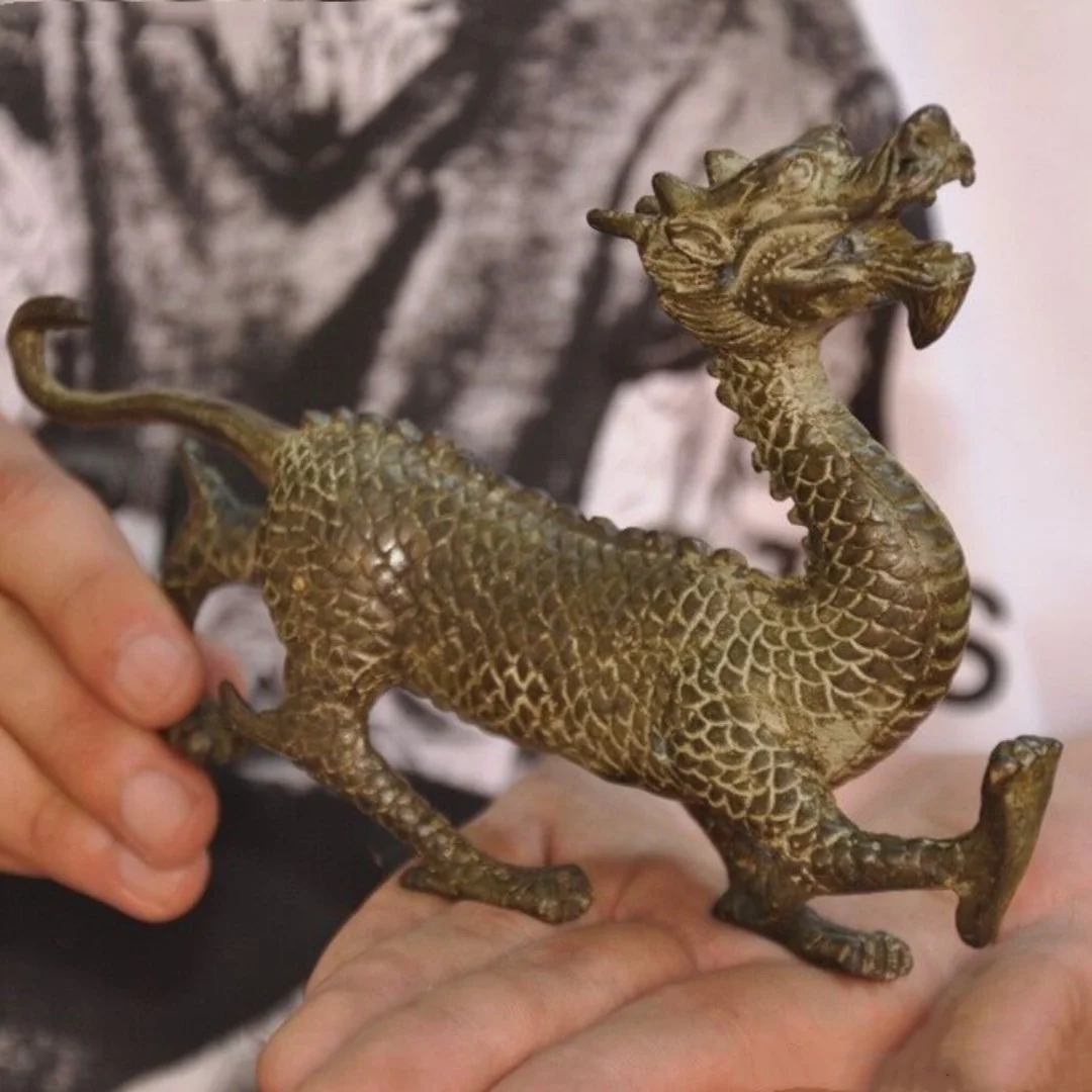 Old China bronze Feng Shui auspicious Dragon Loong Dragons Zodiac animal statue