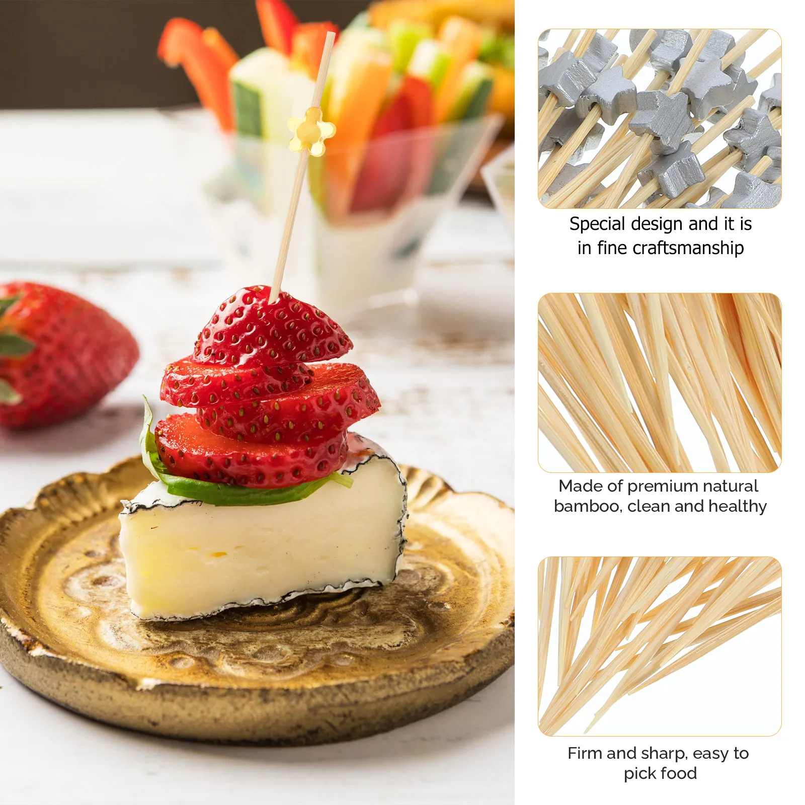 100Pcs Five Pointed Star Bamboo Cocktail Picks Dessert Toothpicks Fruit Skewers Party Supplies Appetizer Forks Snack Sticks