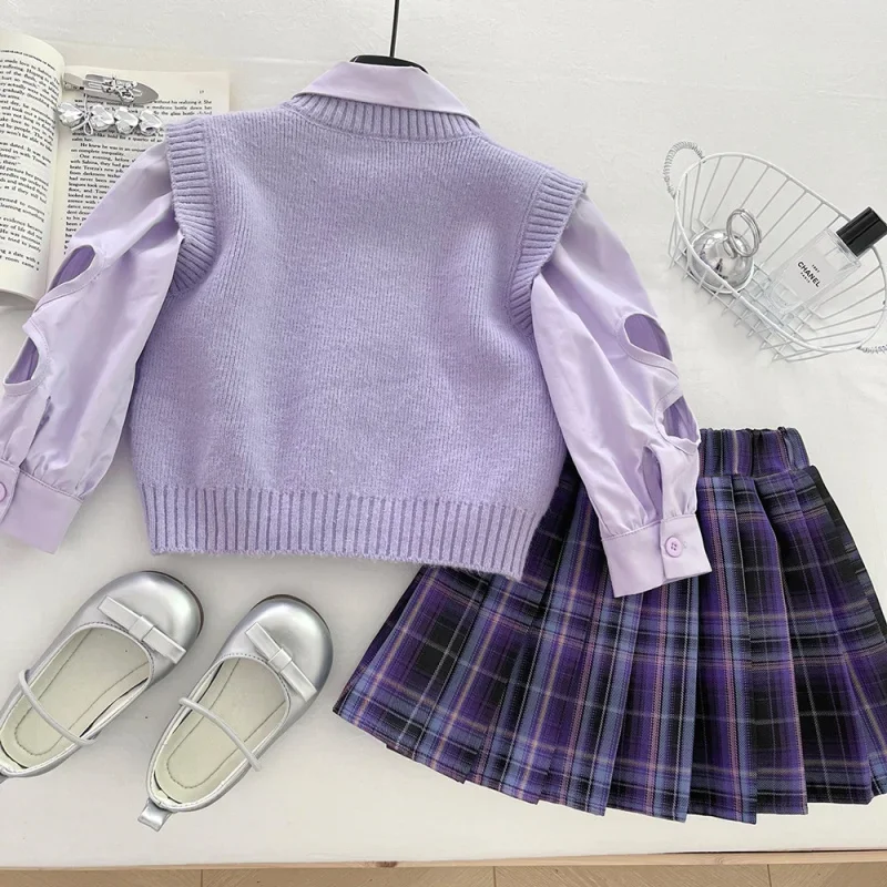 Girls' Spring and Autumn New Light Purple Versatile Bowknot Knitted Vest Shirt Plaid Skirt Three-Piece Set Trendy