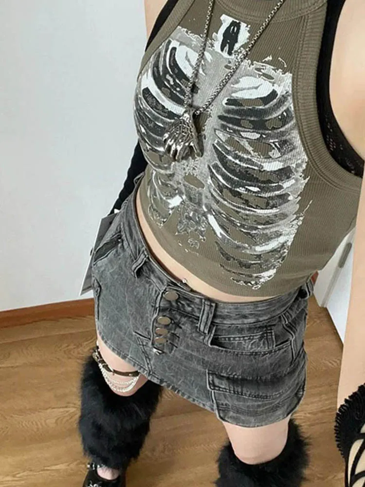 Punk Aesthetic Cyber Retro X-ray Skeleton Print Rib Sleeveless Vest ArmyGreen Crop Top Designer Clothes Women 2024 Summer Emo