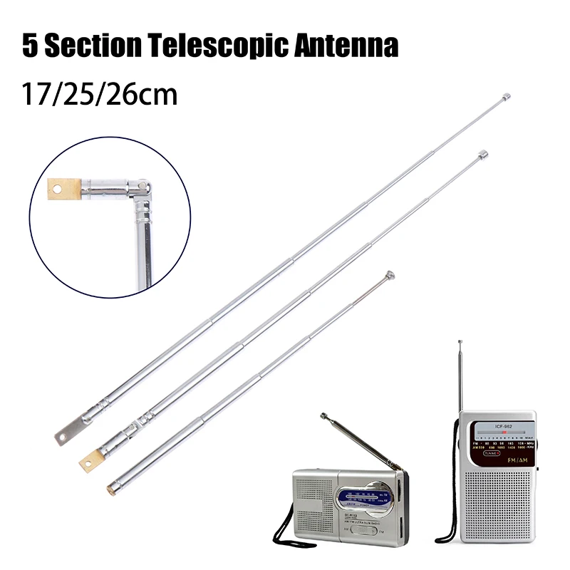 17/25cm 5 Section Metal Full-Channel Am Fm Radio Antenna Telescopic Antenna Rotating Antenna Aerial M2.5