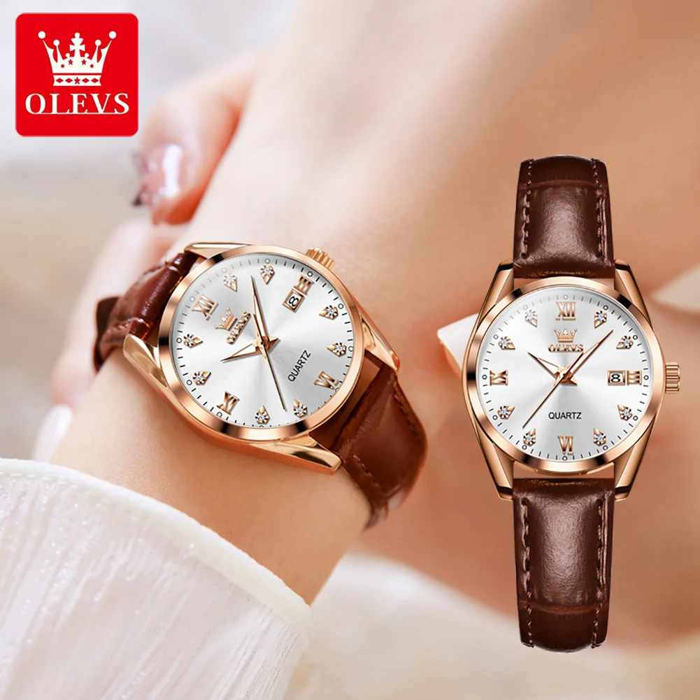 OLEVS Fashion Diamond Quartz Watch for Women Leather Strap Warterproof Calendar Womens Watches Top Brand Luxury Wristwatches