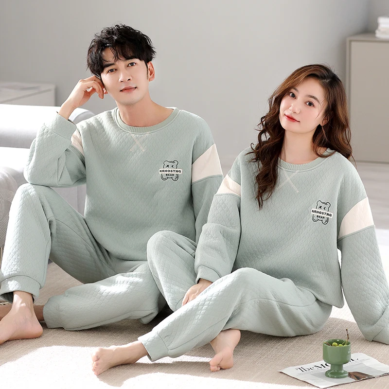 Triple layer thin cotton pajamas autumn and winter couple pajama covers round necked men's and women's pajamas winter casual set