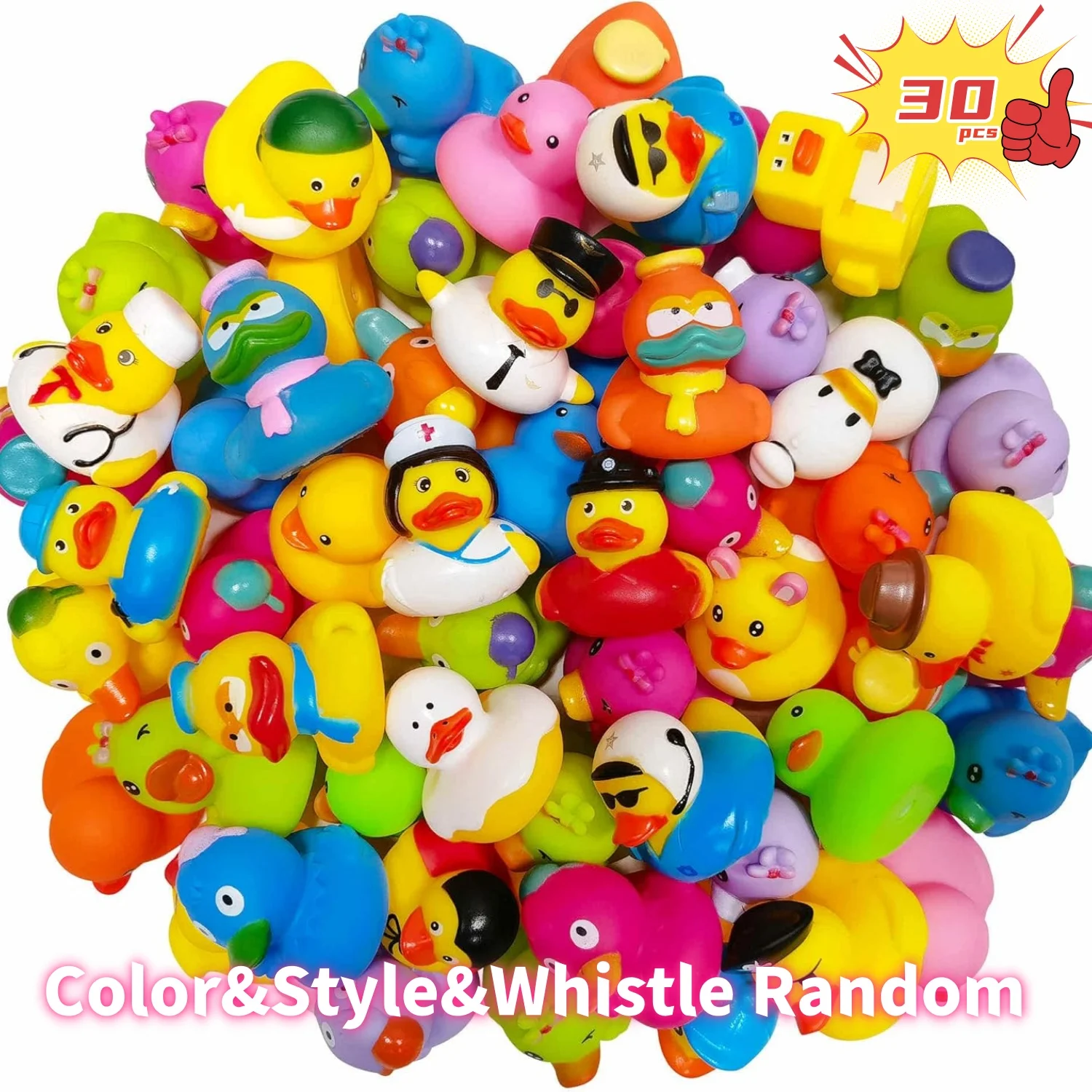 30-Pack Rubber Ducks in Bulk,Assortment Duckies for Jeep Ducking Floater Duck Bath Toys Party Favors Color&Style&Whistle Random