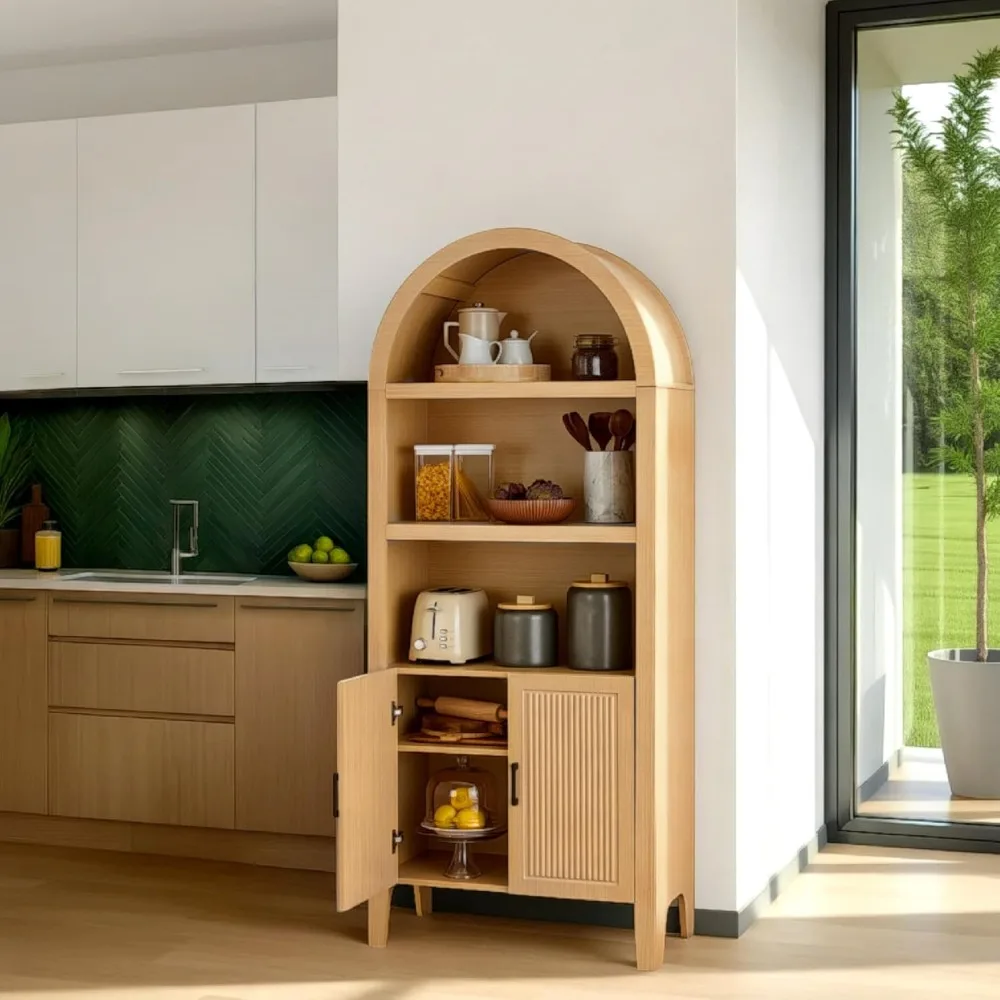 

Products 72in Tall Arched Pantry Cabinet w/Doors, 5-Tier Bookshelf, Armoire, Hutch, Bookcase, Storage Cabinet