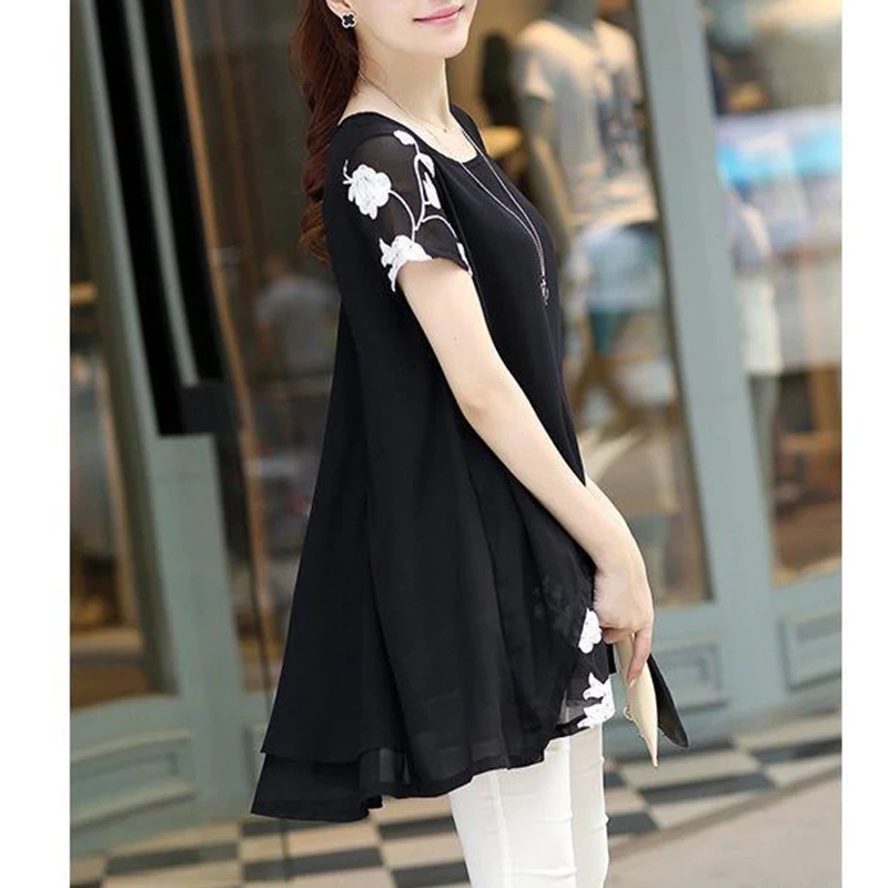 Summer New Oversized Round Neck Printing Chiffon Shirt Ladies Loose Casual Short Sleeve Pullover Blouse Women\'s Long Blusa Tops