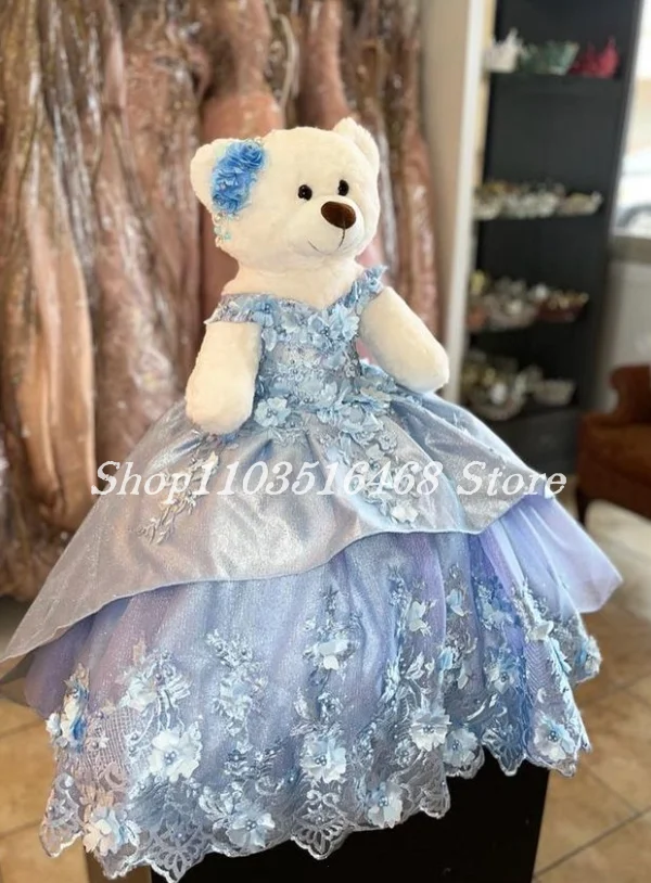 Gaun beruang Teddy Quinceanera pribadi gaun Ruffle tanpa tali biru langit applique bunga halus tautan khusus disesuaikan