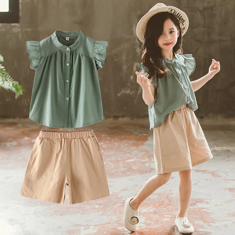 2026 New Teenager Summer Kids Girls Clothes Flying Sleeve Blouse Shirt + Short Leisure Loose Pants Teens 7 8 9 11 12 13 14 Years