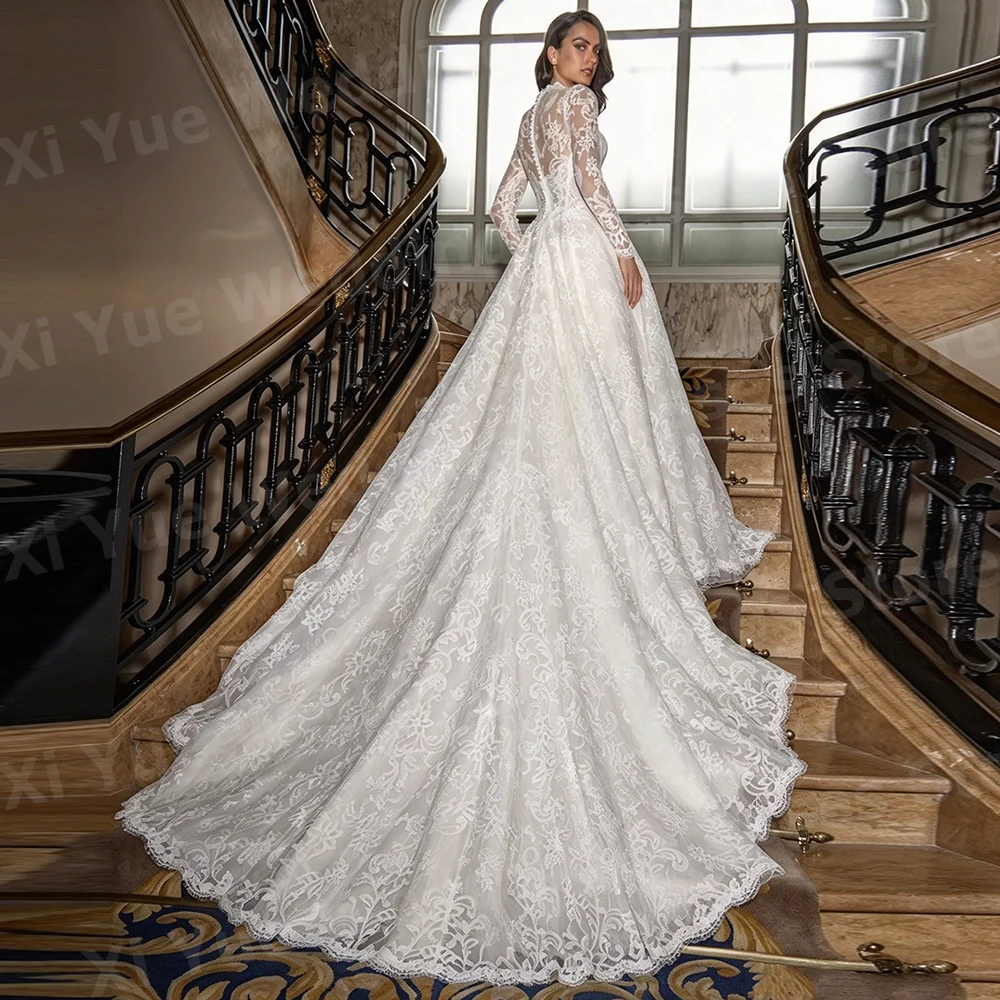 Luxurious Pretty A Line Women's Elegant Long Sleeve Lace Wedding Dresses Vestido De Novia Bride Gowns Customized Robe De Mariée