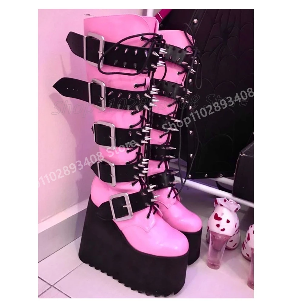 

Pink Punk Style Round Toe Sweet Cool Mid Calf Boots Metal Rivets Thick Soled Belts Sexy New Women Shoes 2025 Autumn Para Mujere