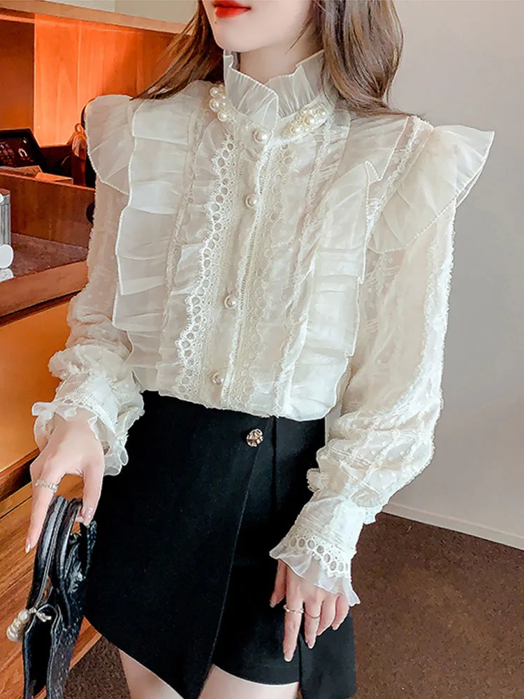 Elegant French Ruffle Vintage Blouse Lace Chiffon Women Stand Collar Bead Sweet Lady Shirt Long Sleeve Top Female Blusas 23023