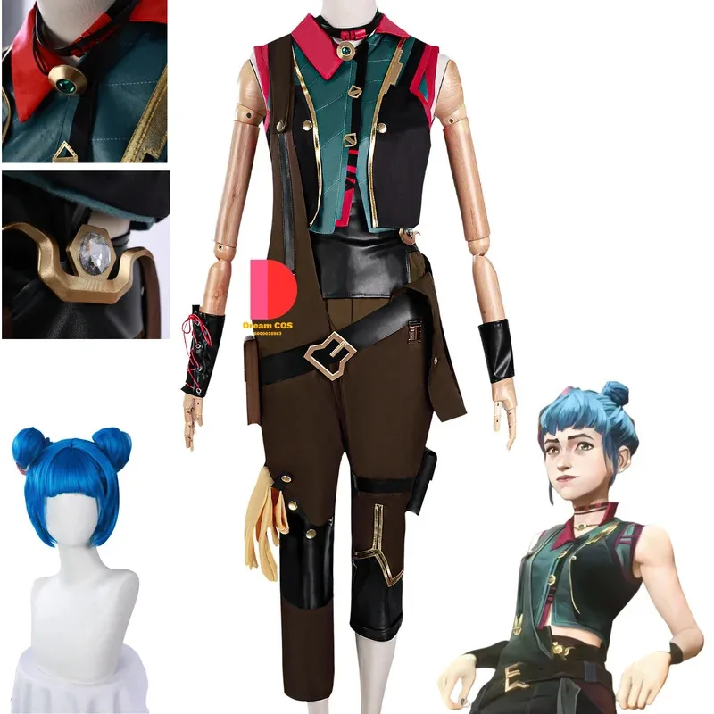 

InStock Game League of Legends Jinx Cosplay Costume Pow-Pow Full Set Wig Anime Clothes for Women Role Play Halloween Comic Con