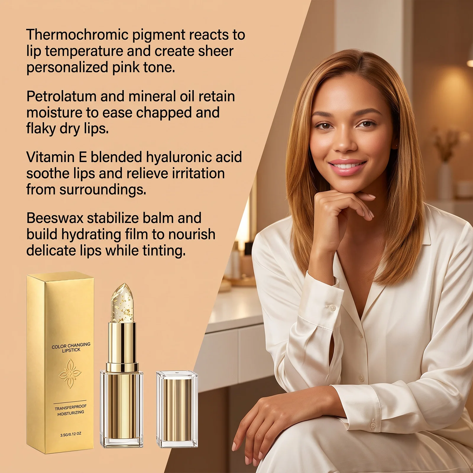 Gold Foil Color Changing Lip Balm Anti Dry Crack Repair Lip Lines Enhance Lip Tone Remove Dullness Gentle Non Sticky Lip Gloss