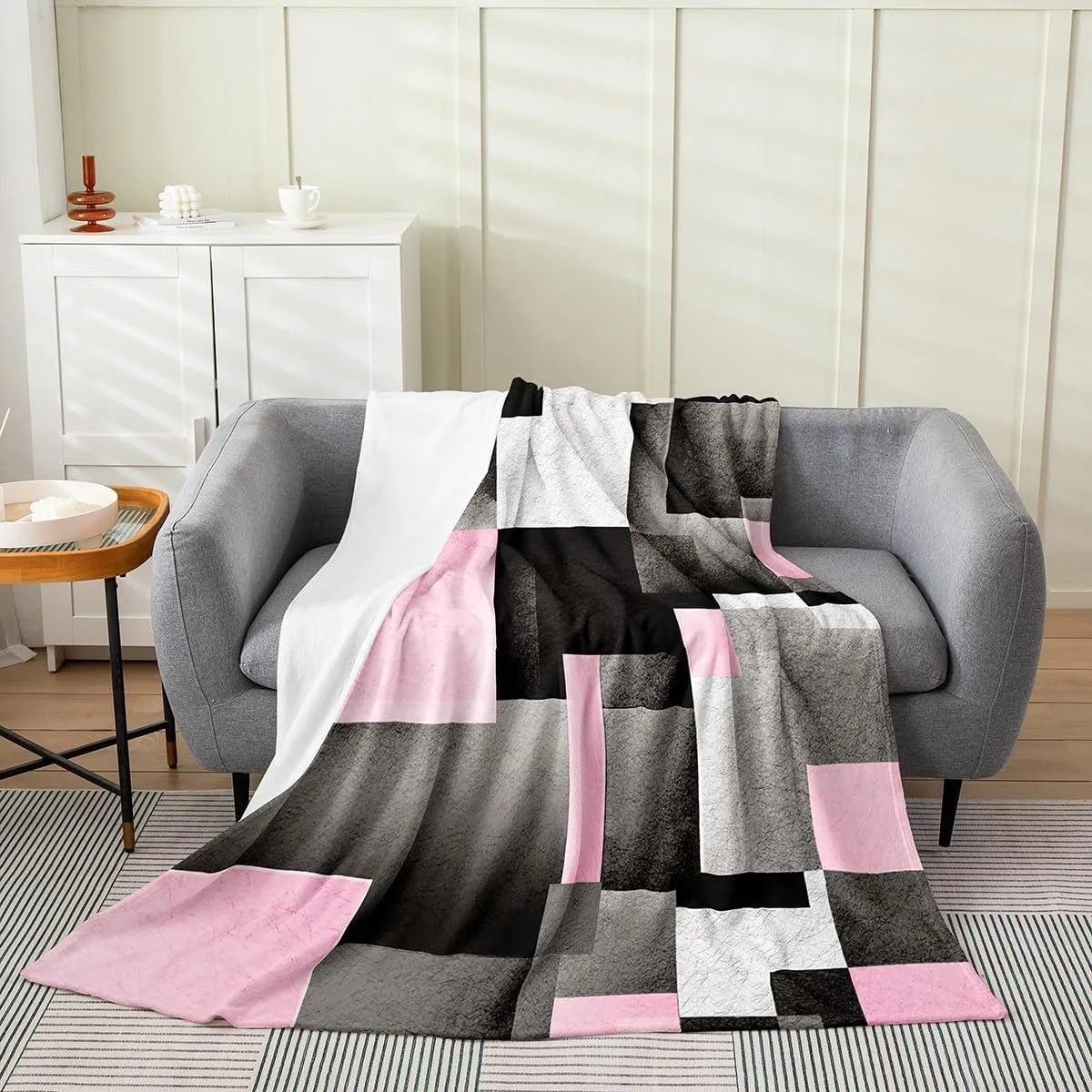 Geometric Plush Throw Blanket Kids Pink Grey Black Buffalo Check for Teens Modern Abstract All SeasonBed Blanket