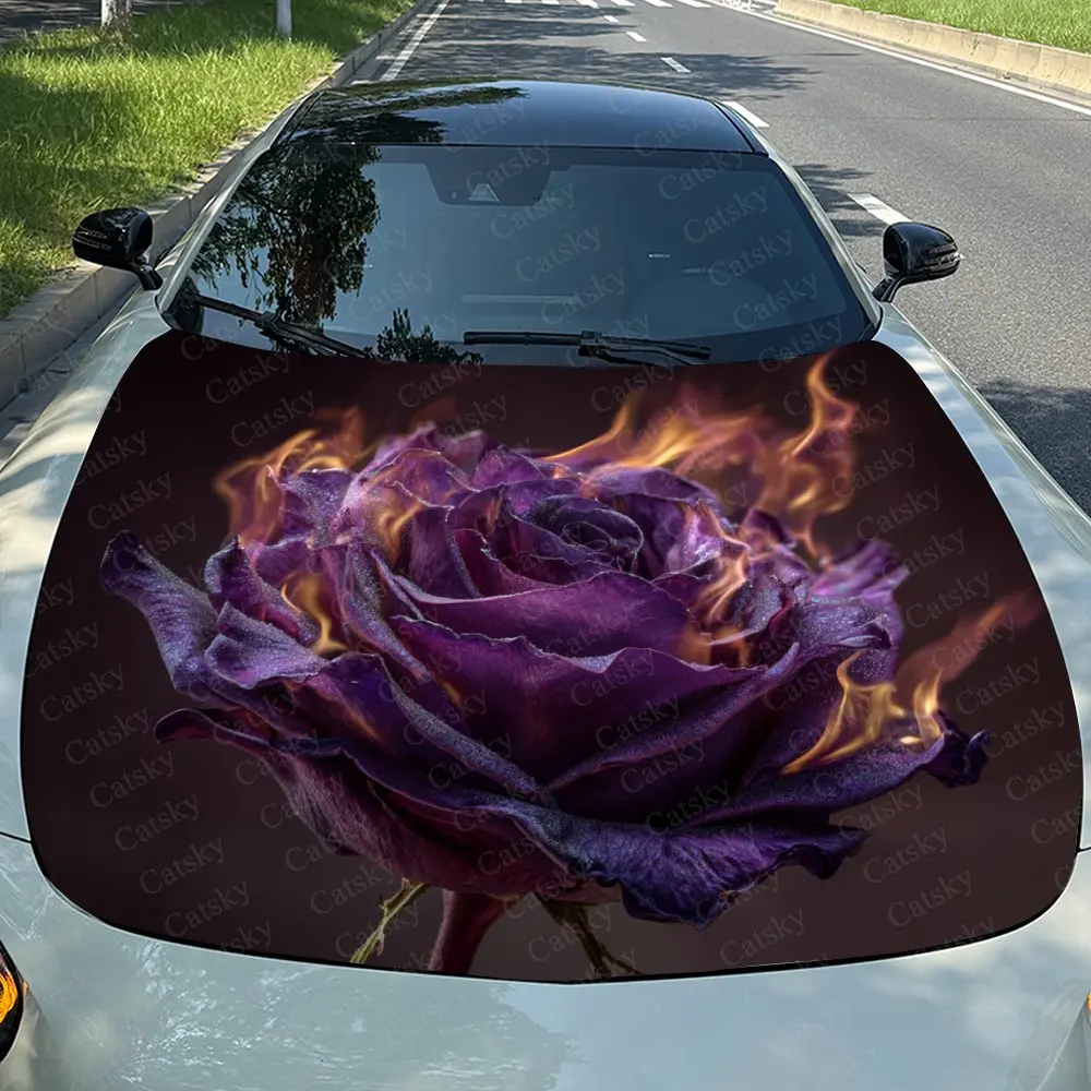 Burning Flame Purple Rose Car Hood Wrap Color Vinyl Sticker Truck Graphic Bonnet Auto Accessories Decoration Protect Decal Gift