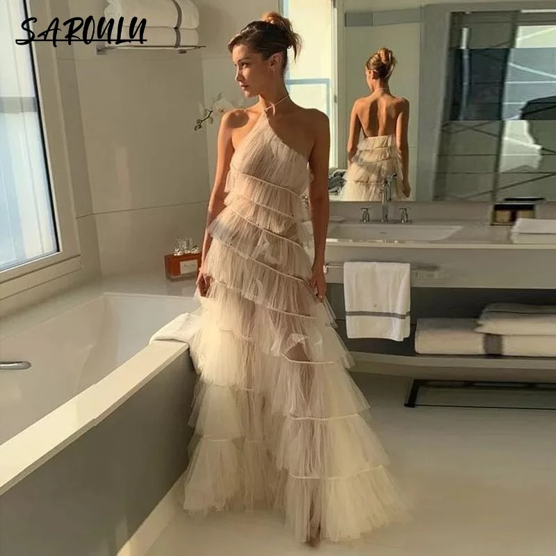 Modern Tiered One Shoulder Wedding Dress Tulle A-line Bridal Wedding Gown Mesh Evening Party Dresses For Women robe de mariée