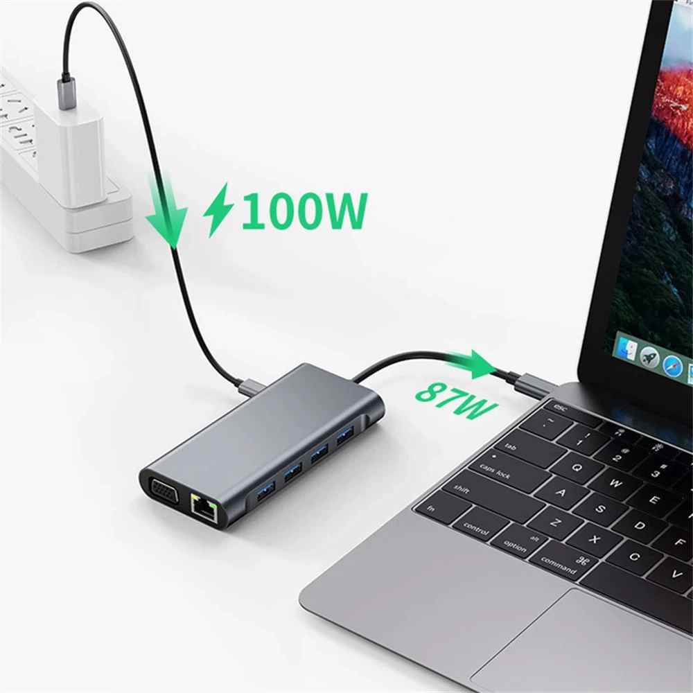 11 In 1 Usb C Hub For Macbook Air Pro, Compatible Type C To Hdmi,Usb3.0 Rj45, 11 Port Base With Pd, Tf, Sd, Aux, Splitter 3.0