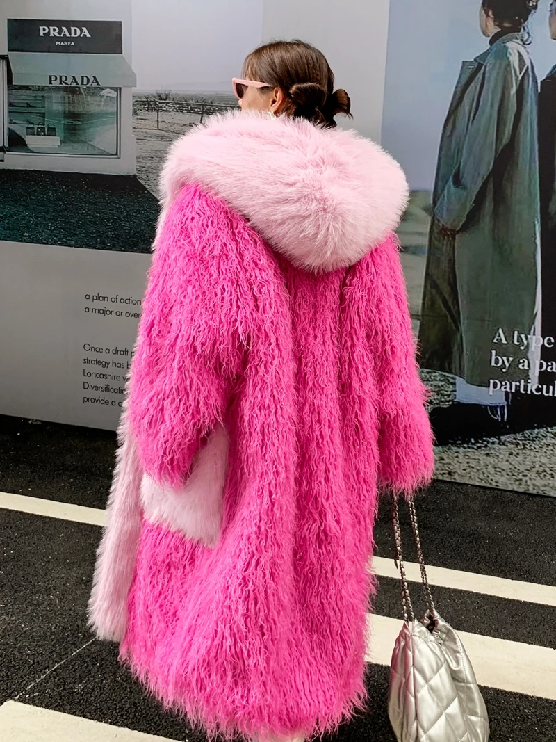 Original Design Pink Faux Fur Coat Female Factitious Wool Loose Hooded Long Jacket Lady Shaggy Outerwear Women\'s Winter Coats