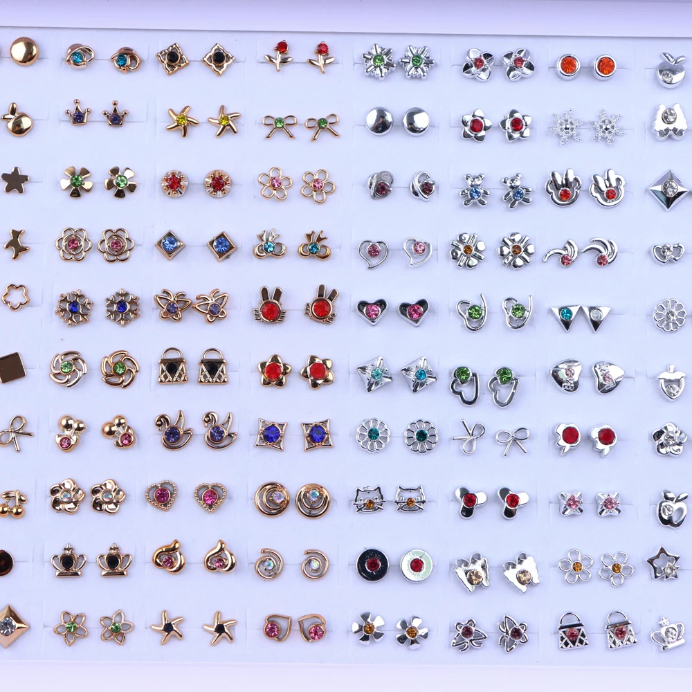 36Pairs/Lot Fashion Rhinestone Geometric Small Stud Earrings For Women Flower Heart Star Lady Jewelry Party Gifts Mixed Style