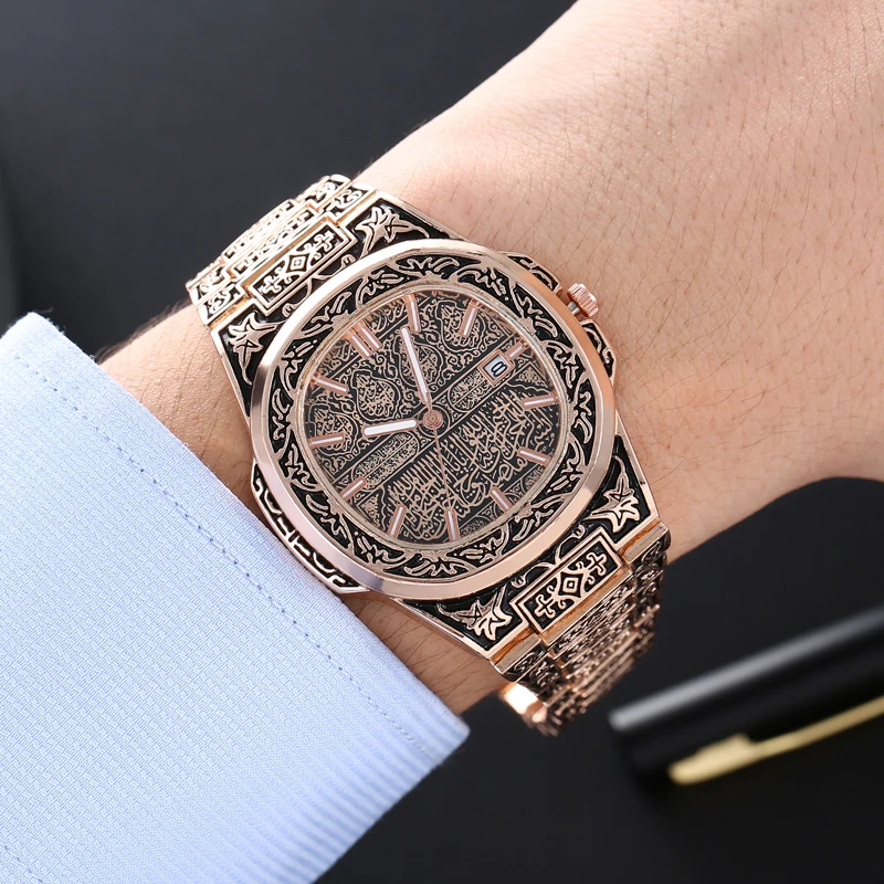 

Fashion Luxury Brand High Quality Men Quartz Watches Vintage Flower Pattern Carving Wristwatch Full Stainless Steel Relogio Saat