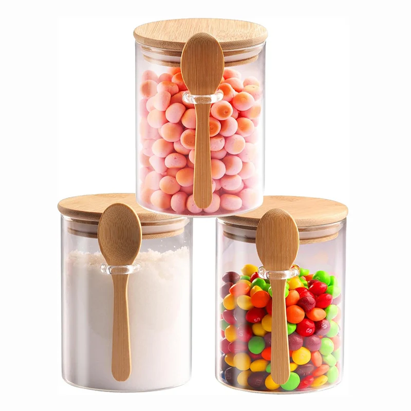 3Pcs Glass Containers 550ML Kitchen Food Storage Jar Coffee Sugar Candy Salt Spice Jars Airtight Glass Jar with Lid and Spoon