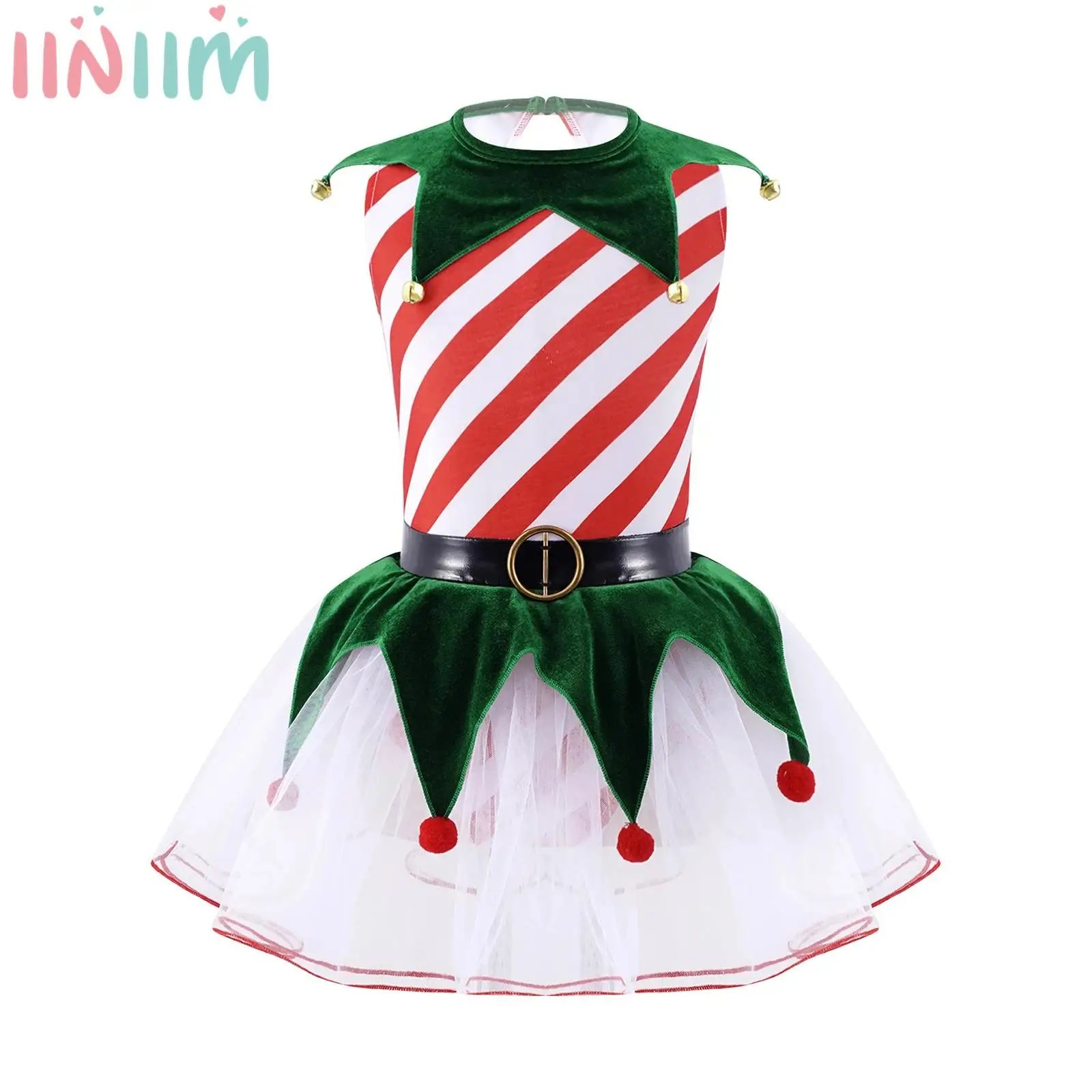 Kids Girls Christmas Costume Sleeveless Stripe Print Inverted Triangle Tailored Hem with Bells Pom Pom Mesh Patchwork Tutu Dress