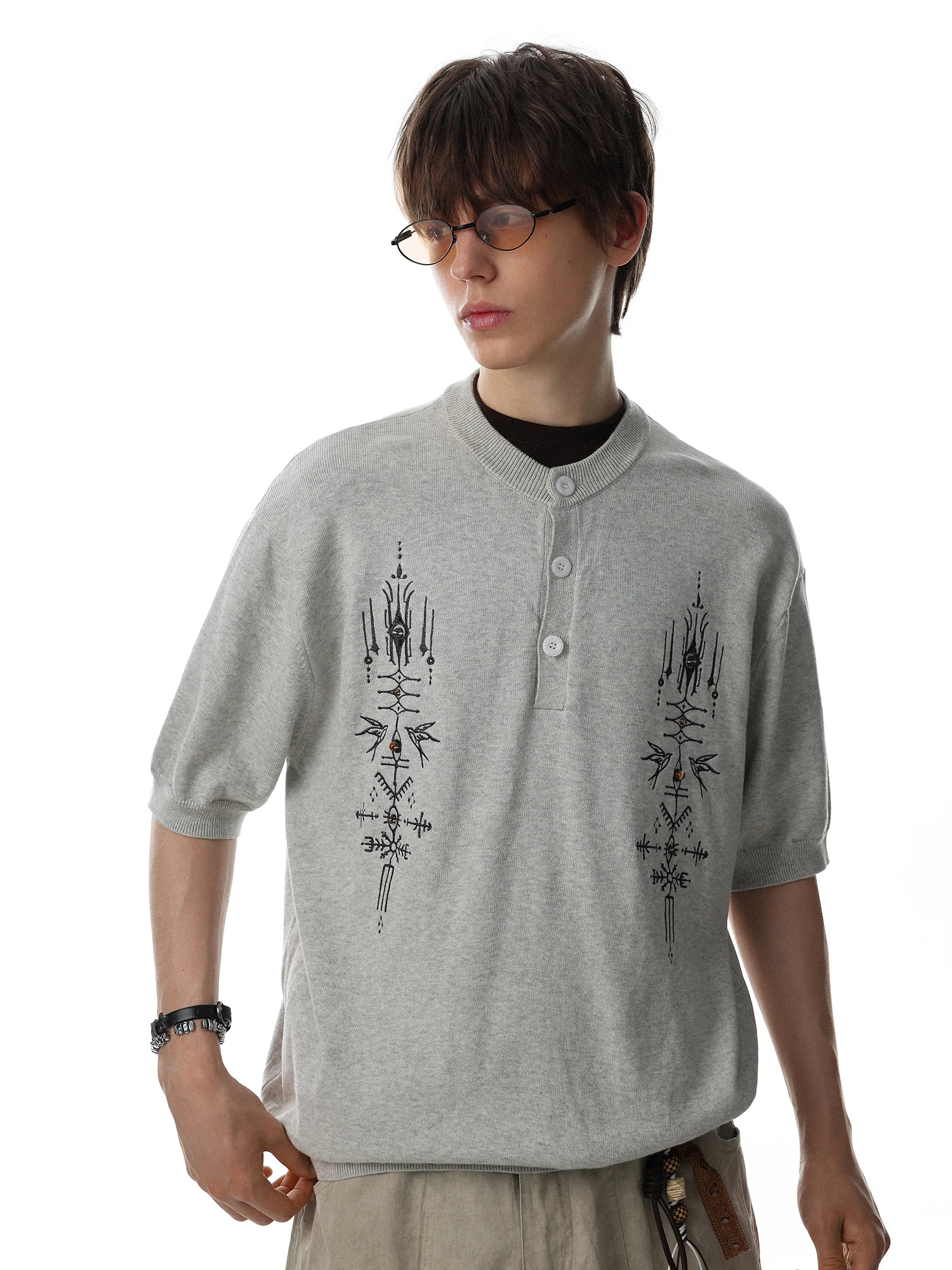 Loose Fit Henry Collar Short Sleeve T-Shirt for Men And Women Casual Style Embroidered Knitted Top Cotton Comfortable Tee