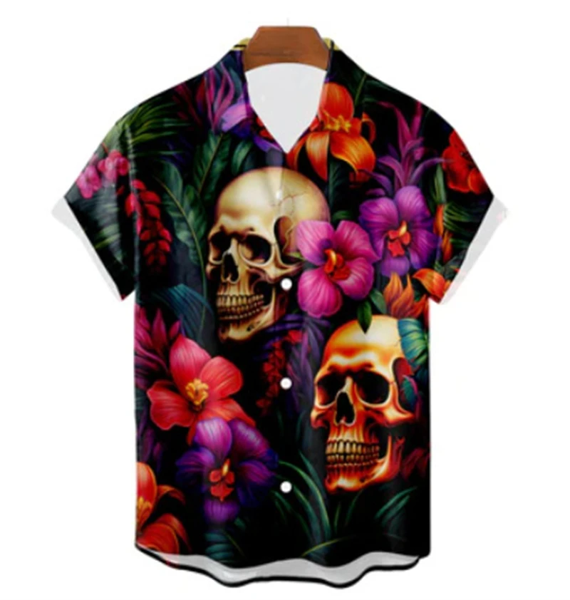 Hawaiian Streetwear Harajuku 3D Skull Shirts For Men Clothes Tops Gothic Short Sleeve Button T-shirt Vintage Fashion Shirt Tops