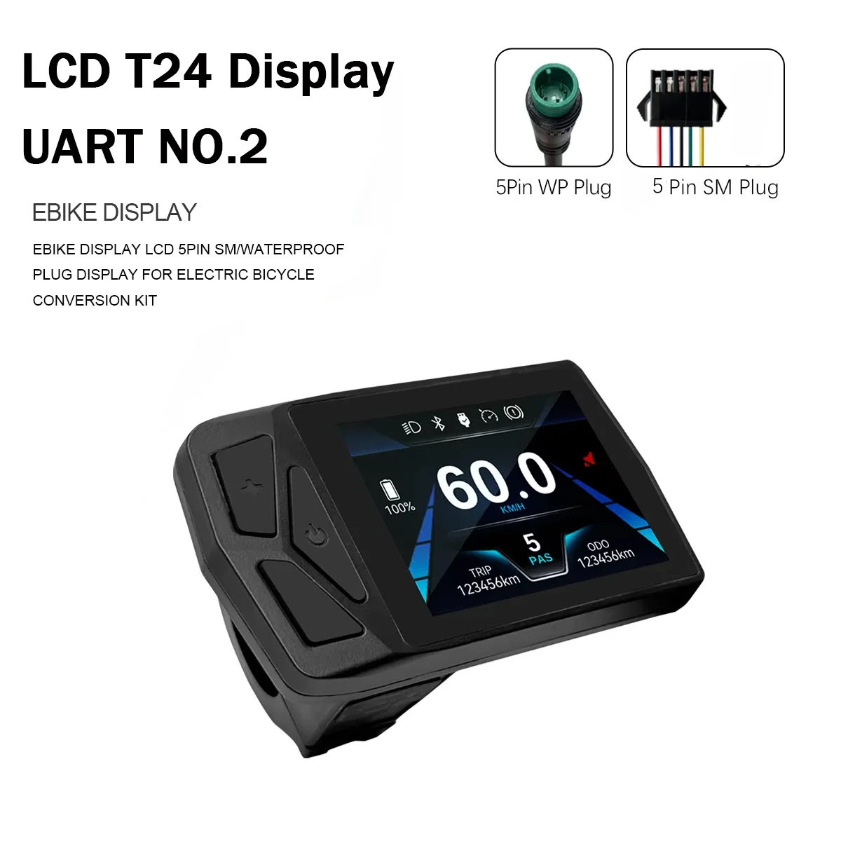 E-Bike 24V-72V T24 LCD Color Display SM/Waterproof Plug With USB function For UART No. 2 Communication Protocol controller