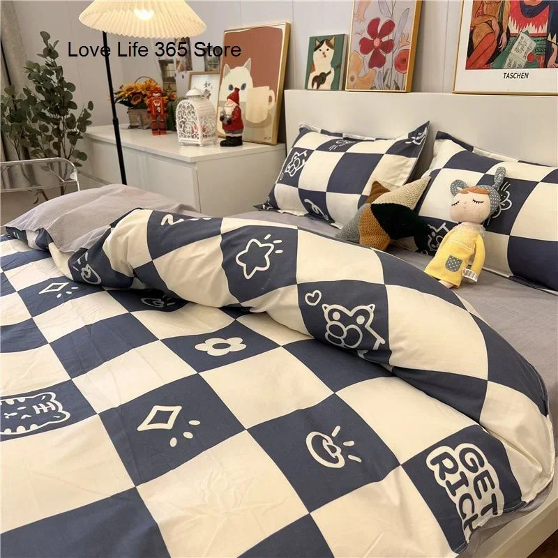 Ins Black And White Checked Bedding Set Grey Sheet Quilt Cover Single Double Full Queen Size With Pillowcases For Adults