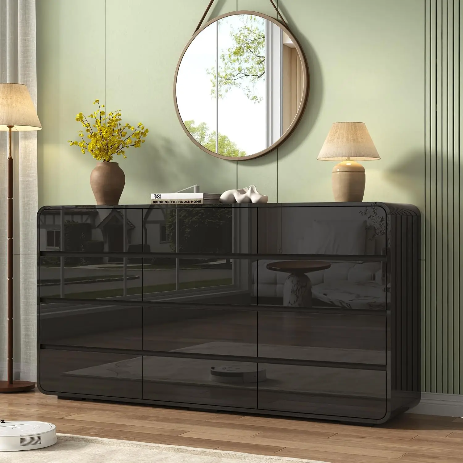 Curved 12 Drawer Dresser Safe Edge Black Glossy Bedroom Storage, Customized