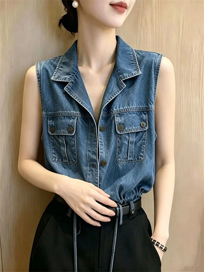 Super Nice Denim Shirt Top Women's Shirt Blouse 2026 Summer Autumn New Casual Waist-cinching Sleeveless Denim Jacket Coat 5