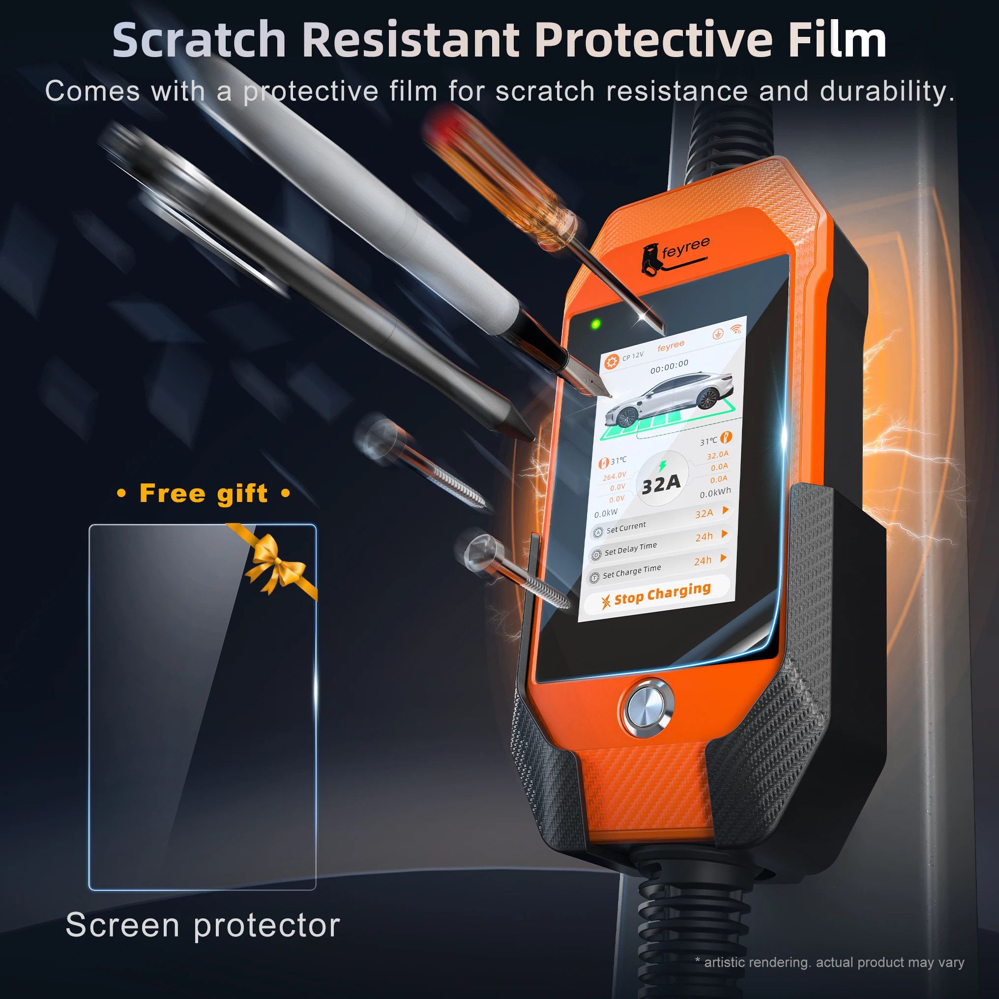 Feyree شاحن سيارات كهربائية 32A 7kW 1P 4.3 بوصة تعمل باللمس Type2 /Type1 /GBT /TS-NACS شاحن محمول تطبيق ذكي تحكم WiFi لسيارات EV