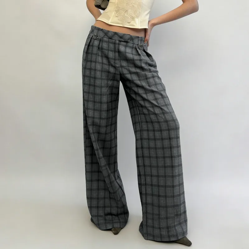 American Street Style High Waist Plaid Print Straight Casual Pants Spice Girl Design Sense Casual Versatile Knitted Suit Pants