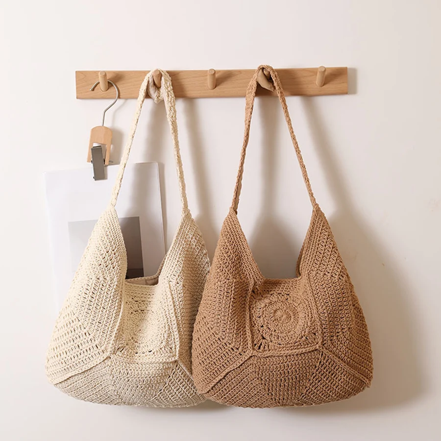 

Summer large-capacity cotton thread woven bag hollowed-out flower grass woven handbags vacation beach women's shoulder bag bolsa