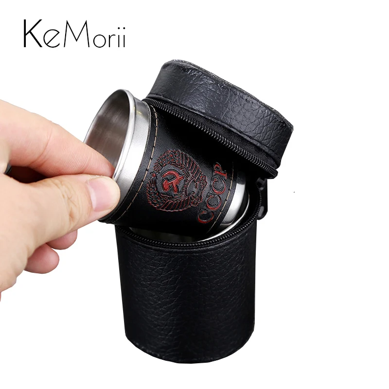 1/2oz Stainless Steel Wine Cups With Black Leather Carrying Case Outdoor Camping Russia CCCP Whiskey Alcohol Shot Hip Flask Cup