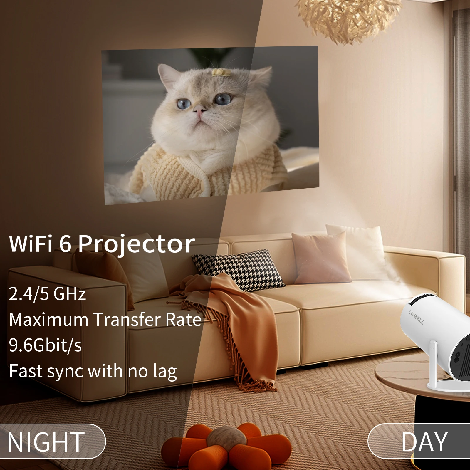 LQWELL-Projetor Mini Home Theater, 4K, Suporta WiFi, 6, BT5.0, 11.0, sistema operacional Android, ângulo de 180 graus, projetor ao ar livre