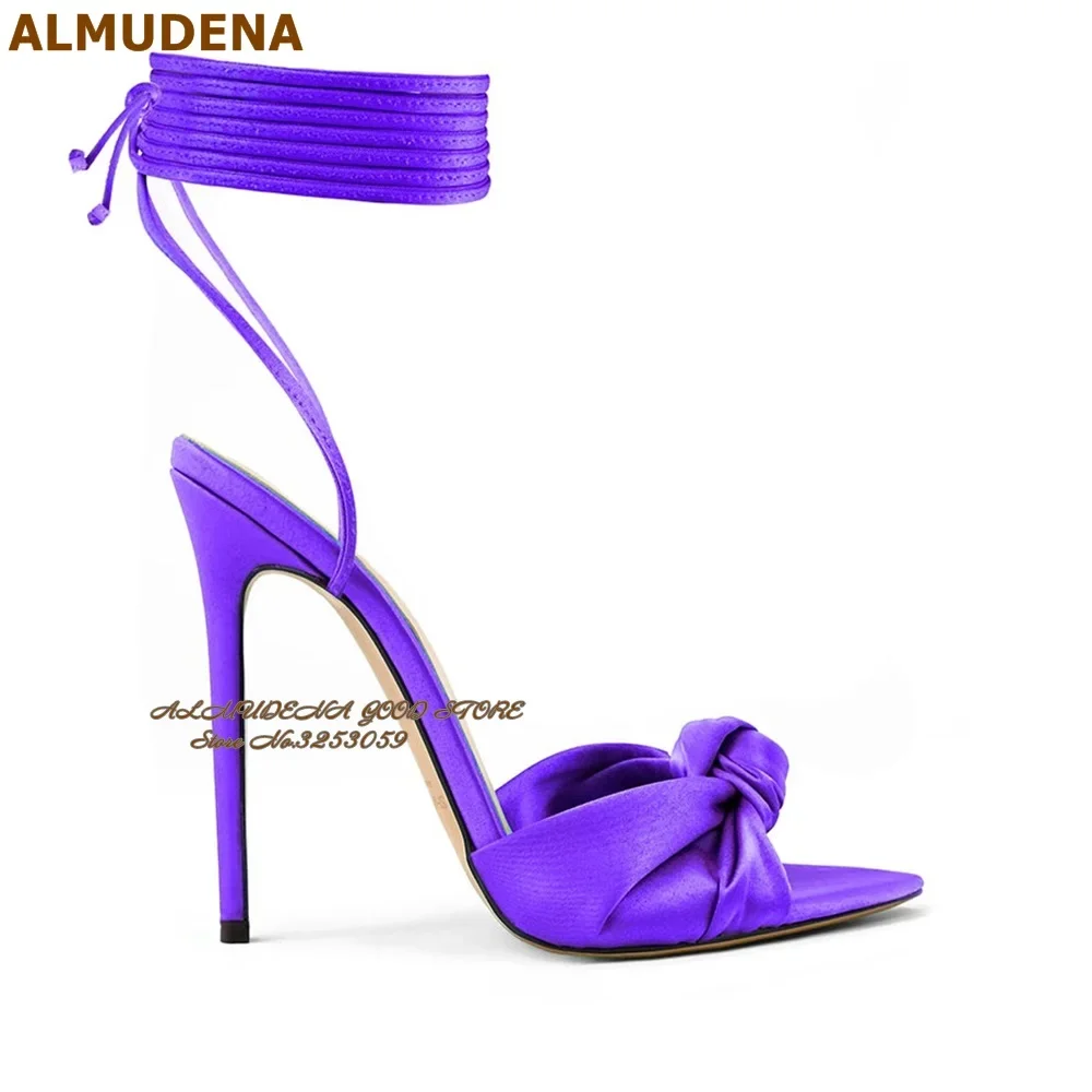 

ALMUDENA Фиолетово-зеленые атласные сандалии с узлом-бабочкой, модельные туфли на тонком высоком каблуке с острым носком и открытой пяткой на шнуровке, туфли-лодочки с галстуком-бабочкой