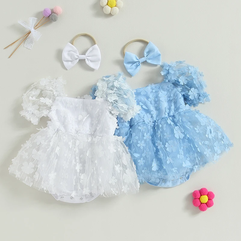 Summer Baby Girls 3D Flower Romper Princess Mesh Newborn Clothes Lace Patchwork Ruffle Bodysuit Dress Headband Infant Clothing