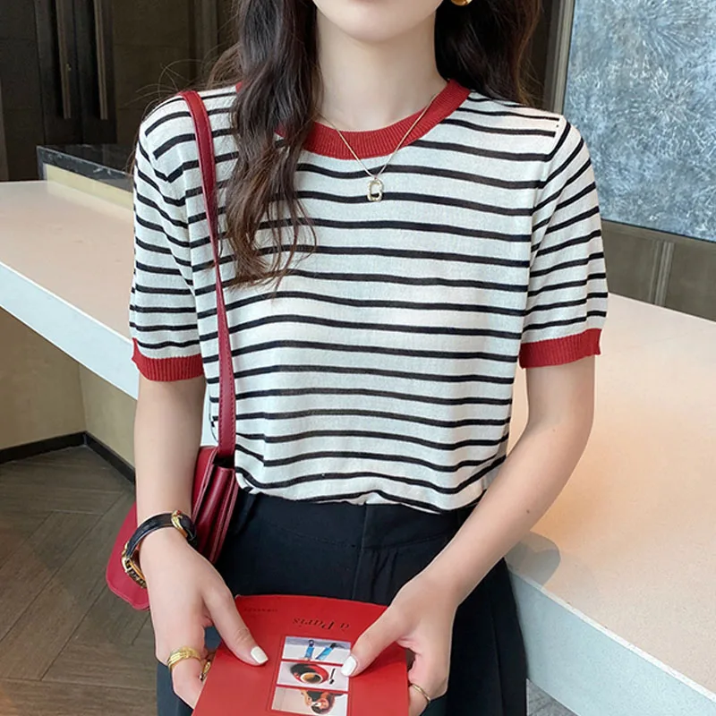 

Вязаные изделия: Женский полосатый вязаный свитер с коротким рукавом, модный пуловер с круглым вырезом, женские топы, свитера Q3409