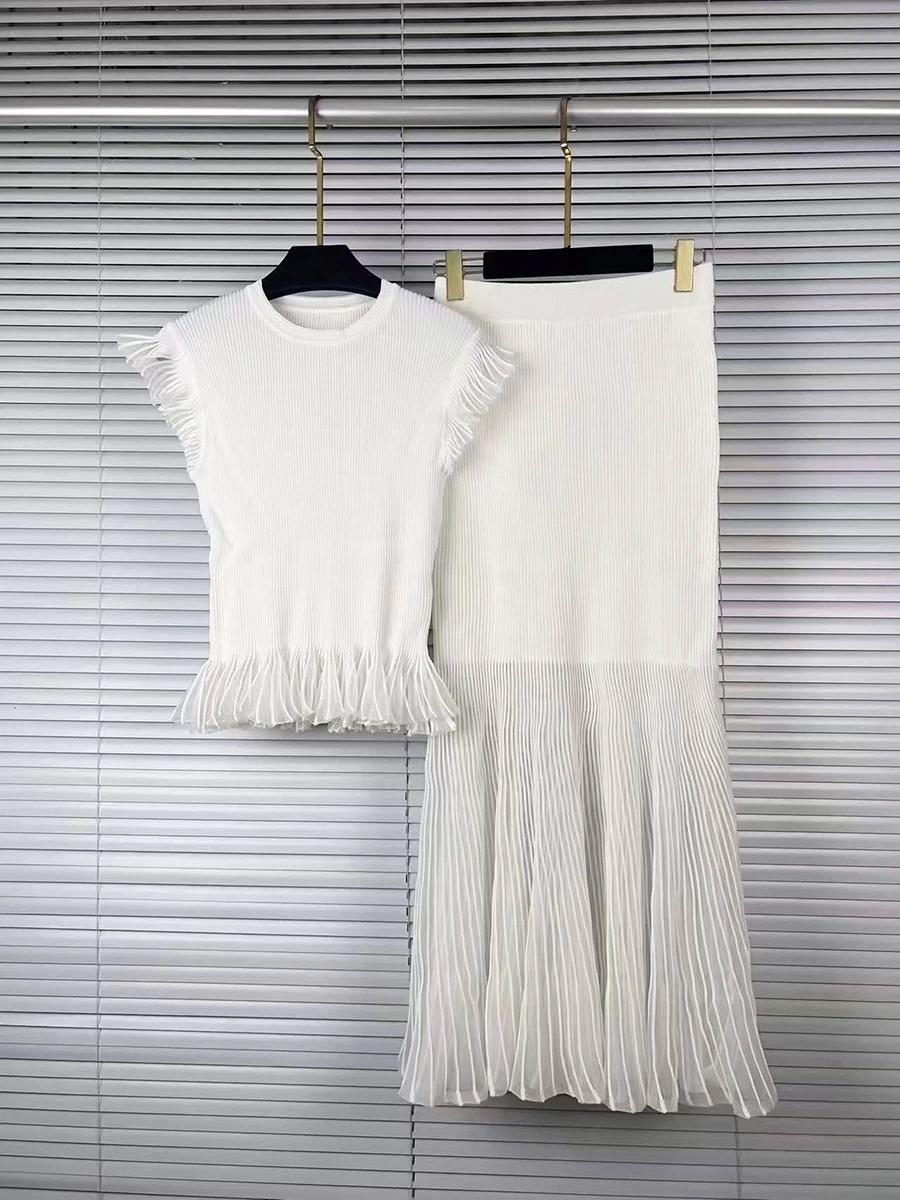 VGH Ribbed Knit Two Piece for Women Round Neck Ruffle Cap Sleeve Sheer Pleated Midi Skirt for Soft Tone Birthday Banquet Outfit view 4