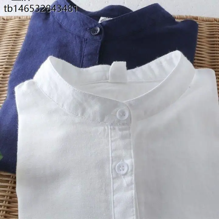 

Casual Cotton Linen Short Sleeve Shirt Men's Summer round Neck Stand Collar Breathable Lightweight Comfortable Loose Fit Shirt