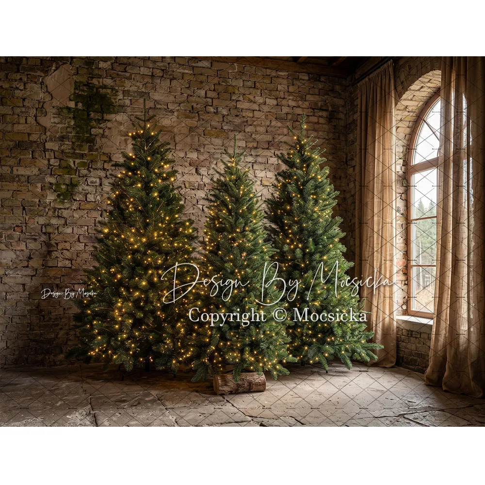 Mocsicka Christmas Room Backdrop Photography Pine Trees Rustic Brick Wall Holiday Light Wood Floor Scene Background Studio Photo