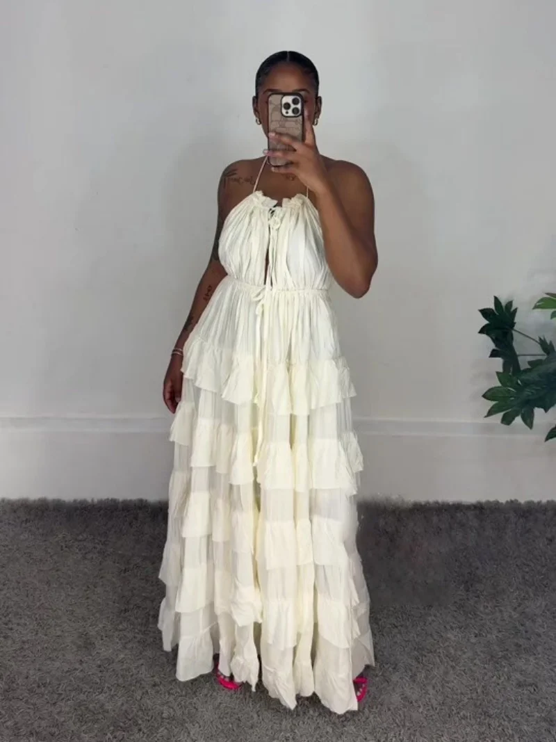 Sukienka bez rękawów z falbanami, balowa, na ramiączkach, letnia odzież damska 2026, długa sukienka maxi na ramiączkach, sukienka na wakacje, imprezę.