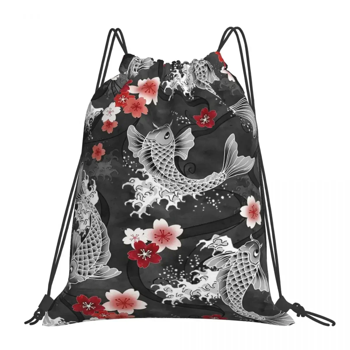 Koi Sakura Blossom In Black Backpacks Portable Drawstring Bags Drawstring Bundle Pocket Sports Bag BookBag For Man Woman School