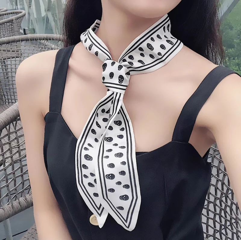 115cm Tied bag Handle silk scarf small Ribbon Twill Silk Skull Black and White Korean Version All-match Striped Small Silk Scarf