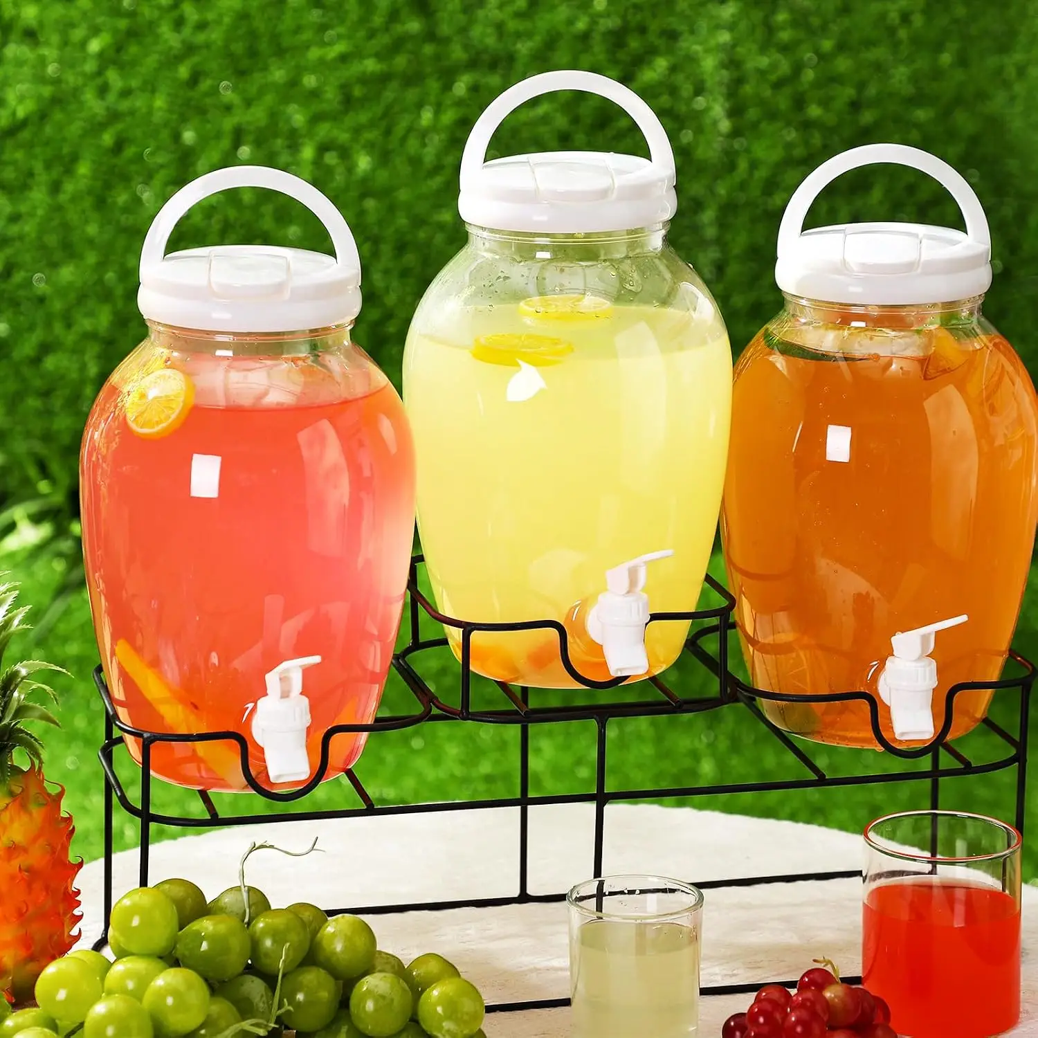 Plastic Drink Dispenser Set with Spigot and Metal Stand, 3 Pieces, 1.2 Gallon, White